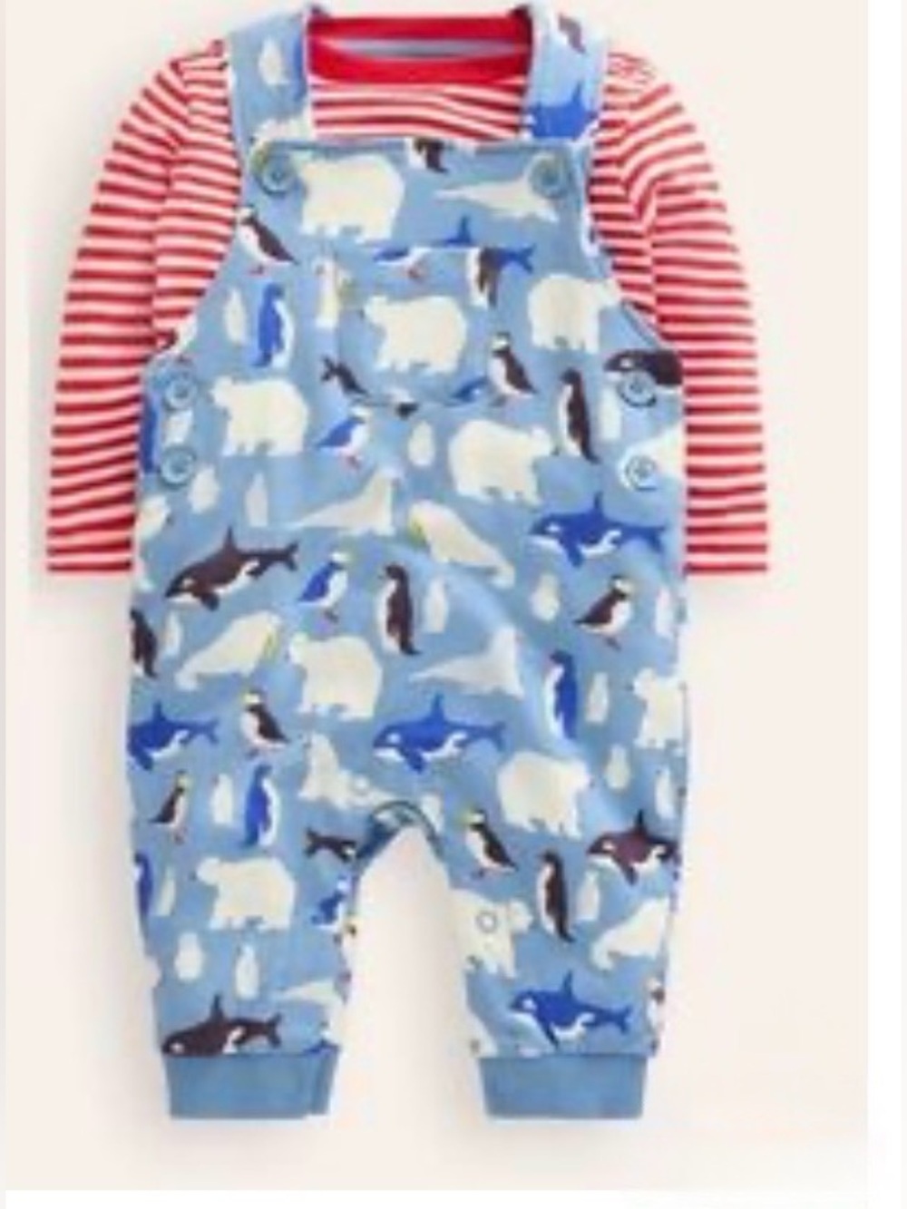 MINI BODEN Print Jersey Overalls and Striped Tee Set - 18-24M